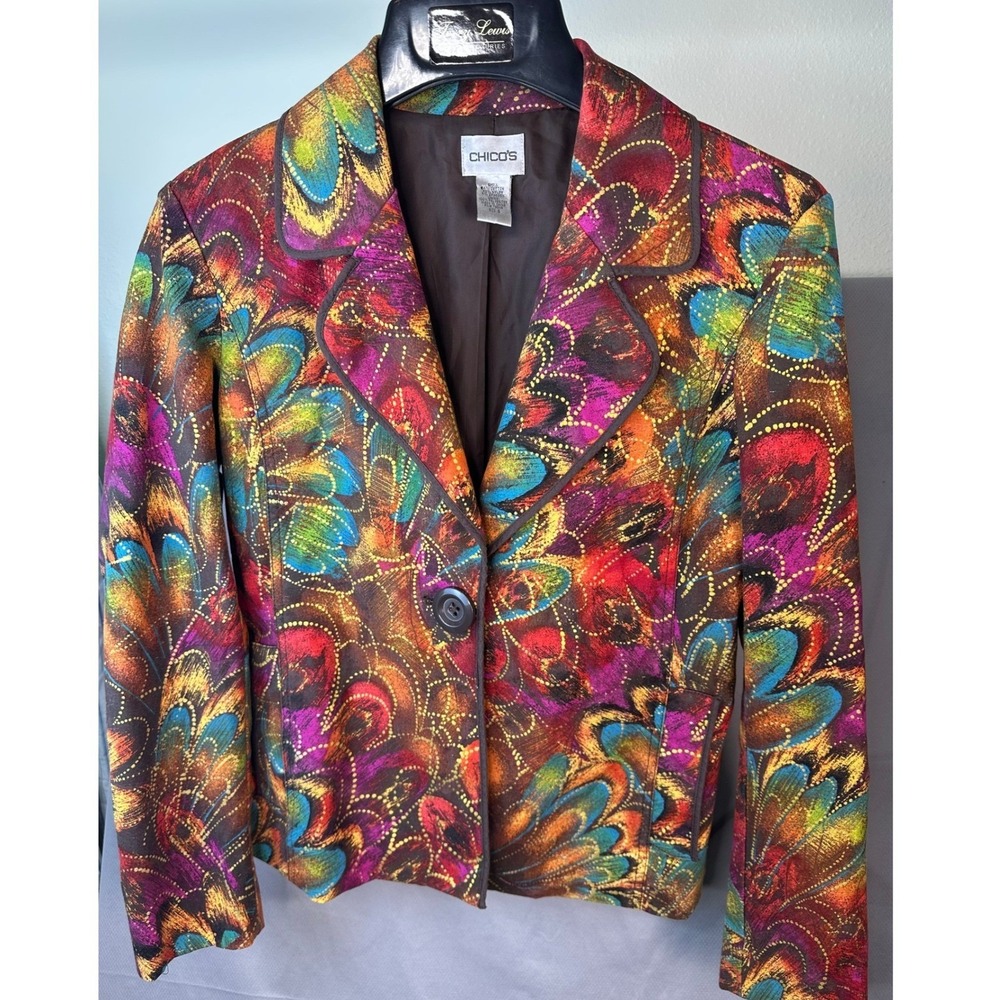 Chico's Blazer Jacket Bold Feather Gold Metallic Multi Plum Turquise Sz 0 US 4 S